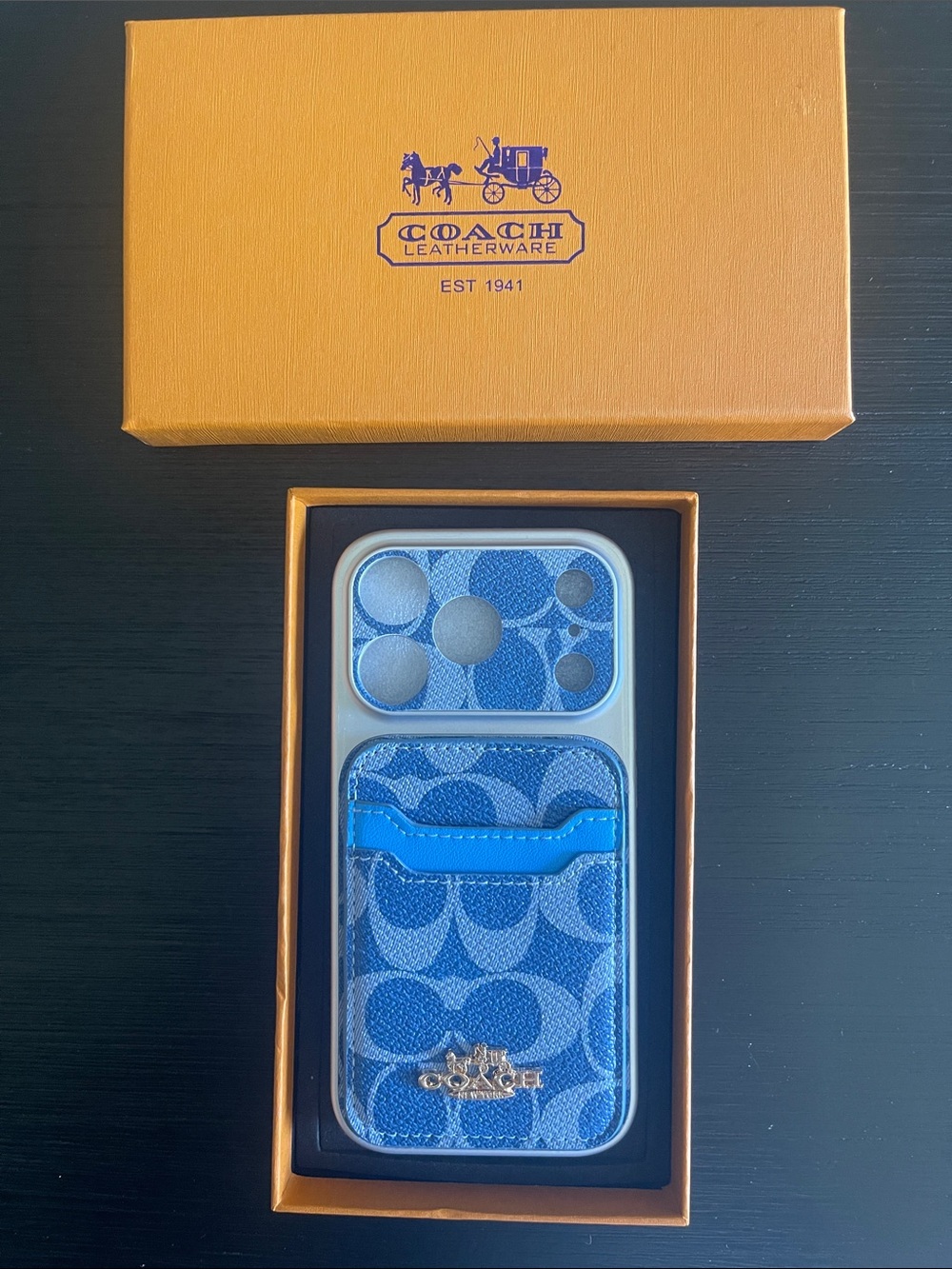 iPhone 17 pro Coach Blue Signature Canvas Phone Case with Bright Blue Card Slot